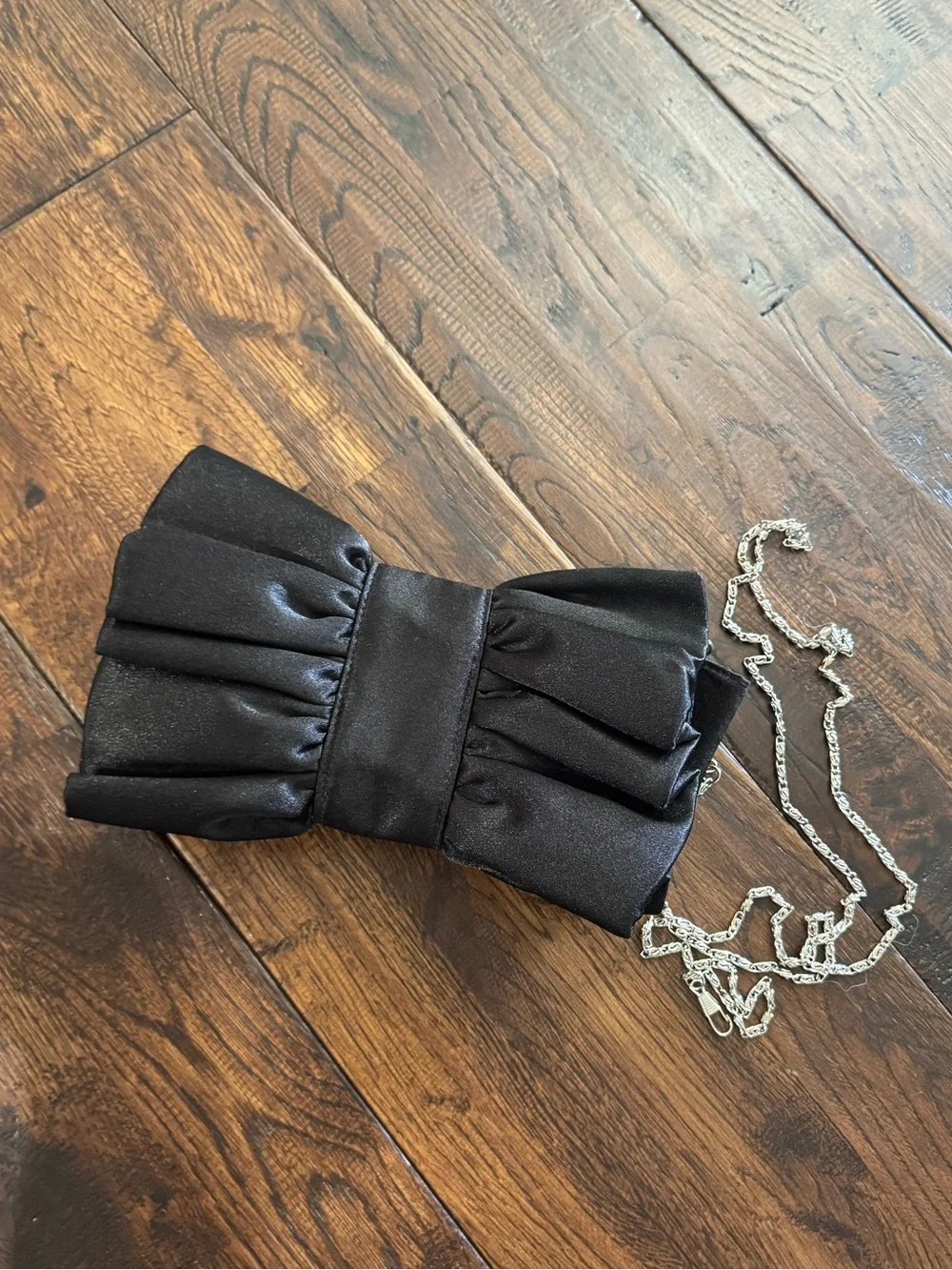 Elegant Black Satin Bow Clutch with Silver Chain Strap